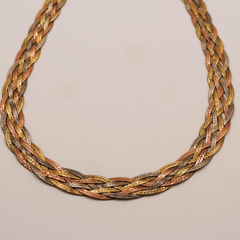 SOLD: Vintage Three Tone Braided Herringbone Sterling Silver Necklace 18"
